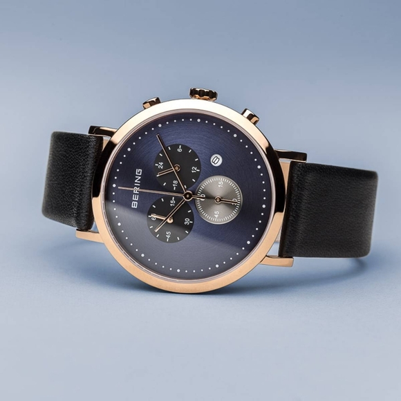 Bering blue and polished gold black leather watch - Picture 3 of 10